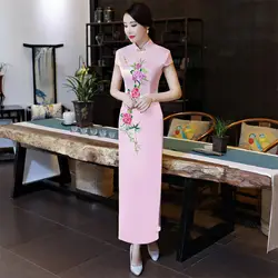 S-4XL розовые женские длинные Cheongsam винтажное платье Ципао в китайском стиле сексуальные тонкие вечерние платья весна лето Кнопка Vestido Плюс