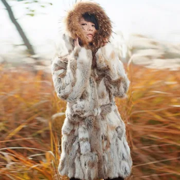 

Fur Story 010107 Top Quality Rex Rabbit Fur Coats Women's Winter Long Thick Warm Raccoon Fur Collar Real Fur Coat Female
