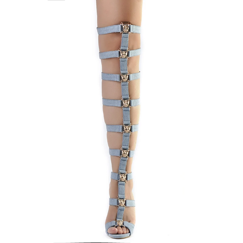 Genou Sangle Talons Bottes blue Chaussures Paumes Sur Le Denim Tigre Femmes white D'été Bleu De Moto Hauts Métallique Roses Fretwork Black Sandales nXNwO80kP