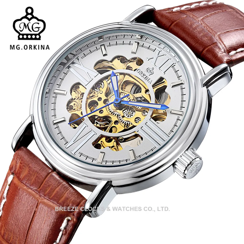 

MG. ORKINA Engraved Movement Self Winding Watches Automatic Watch Men Leather Band Watch Automatik Relojes Hombre 2016