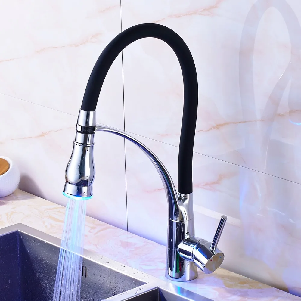 

LED Color Chrome Polished Pull Down Spray Kitchen Sink Faucet Swivel Spout Single Hole Deck Mount Mixer Tap