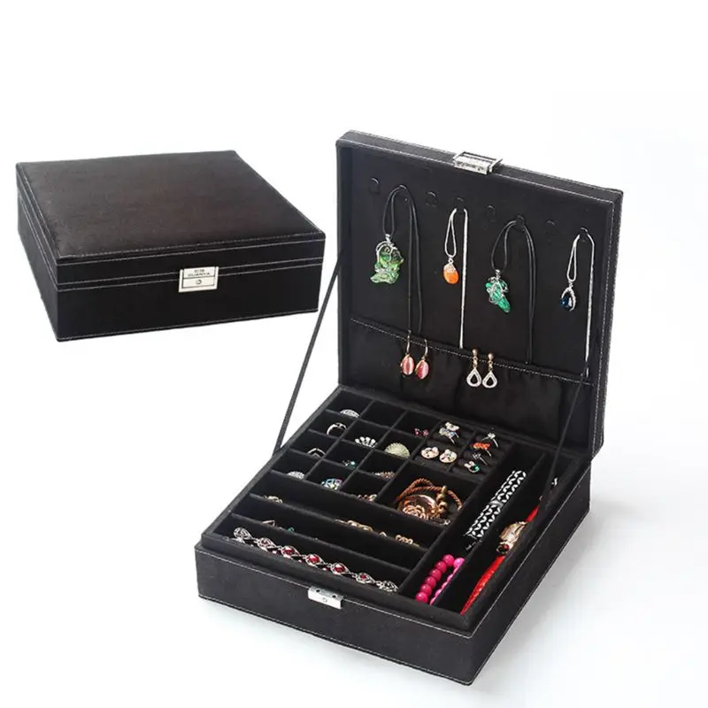 

Dual Layers Portable Jewelry Box PU Storage Organizer Earrings Rings Hair Clips Necklace Bracelet Holder Display Case Women Gift