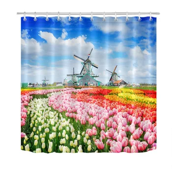 

Springtime Windmill Cute Tulip Fields Flower Shower Curtains Waterproof Custom Bathroom Curtain Fabric For Kids Bathtub Decor