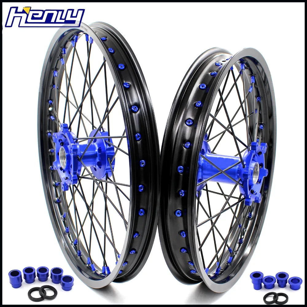 

1.6*21/2.15*18 Motorcycle Rim Enduro Motorbike Wheels Set For YAMAHA WR250F 2001-2019 WR450F 2003-2019 Blue Nipples Black Spokes