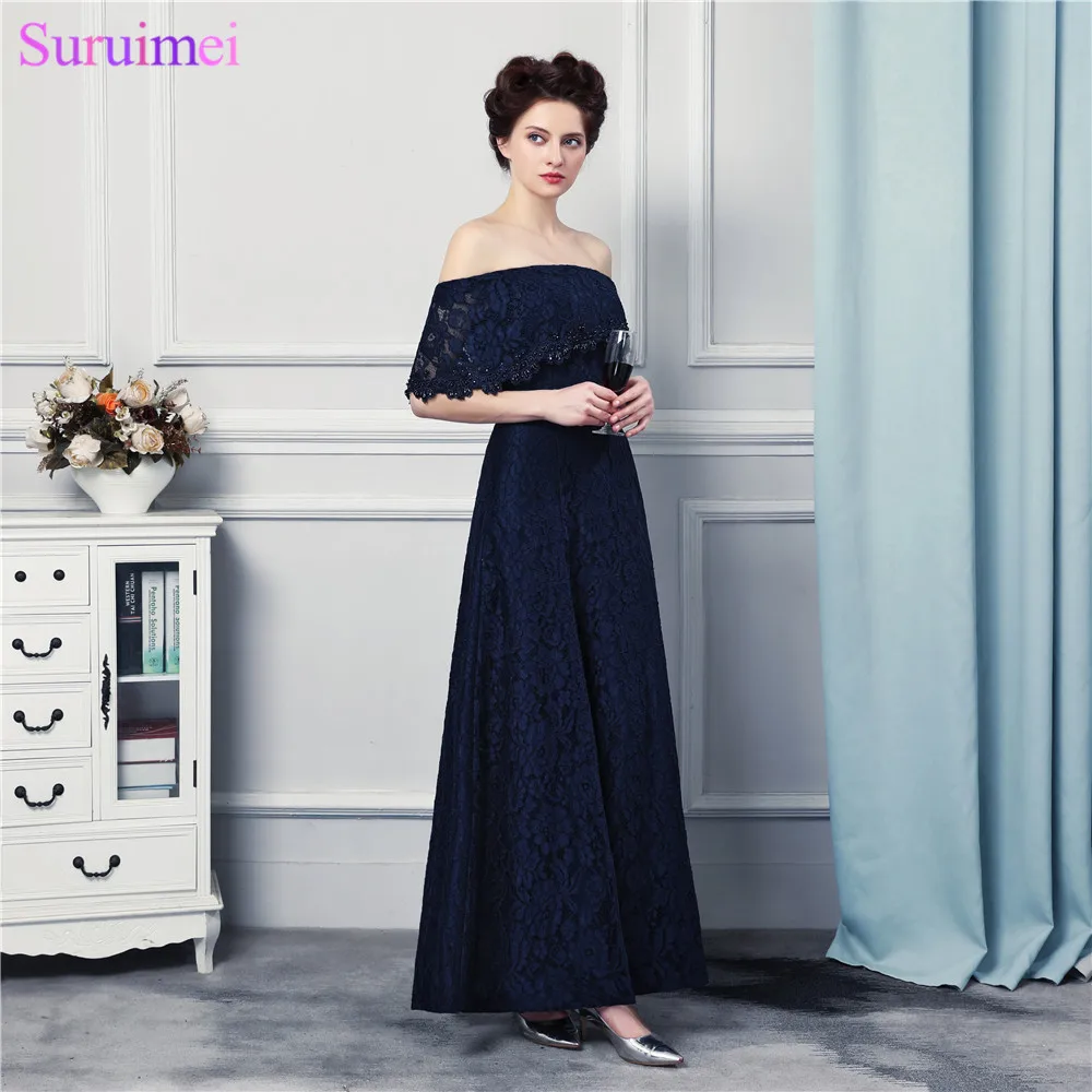 navy off shoulder bridesmaid dress