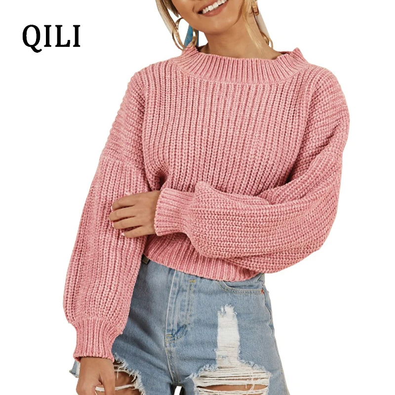 QILI Women Loose Pullovers Sweater O Neck Long Sleeve Solid Tops Knitted Sweaters Autumn Winter Womens Casual Fashion Sweater