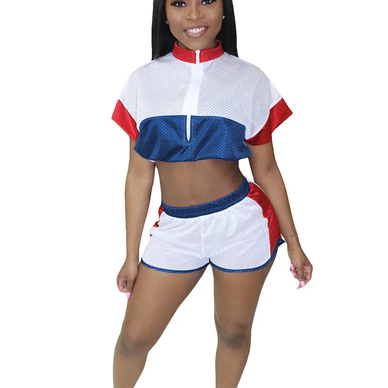 الصيف اثنين من قطعة مجموعة المرأة رياضية سستة الياقة المدورة قصيرة الأكمام رداء علوي (توب) مع سروال قصير شبكة برياثابيليتي الشاطئ عارضة بذلة ...