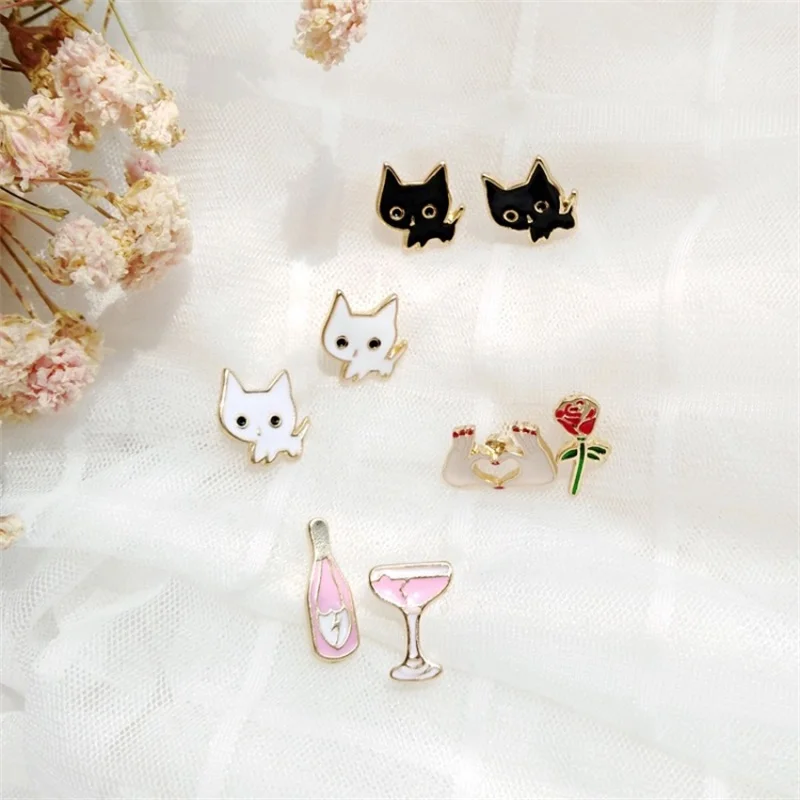 

3* Cartoon cute child dripping small animal cat earrings girl child golden enamel rose flower wine cup earrings ear clip jewelry
