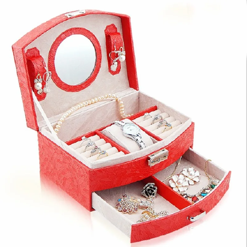 Кожаная Шкатулка с узором в виде листьев, двойной ящик для ювелирных изделий, витрина, кольцо и серьги, шкатулка для хранения для женщин - Цвет: Красный