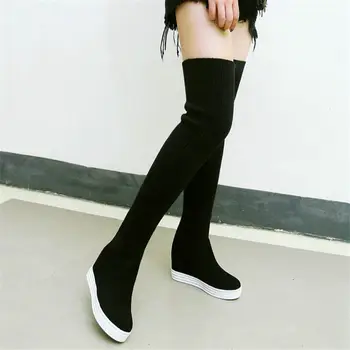 

NAYIDUYUN Thigh High Boots Women Black Wedges Faux Suede Over The Knee High Riding Booties Knitting Stretch Long Sneaker Pumps