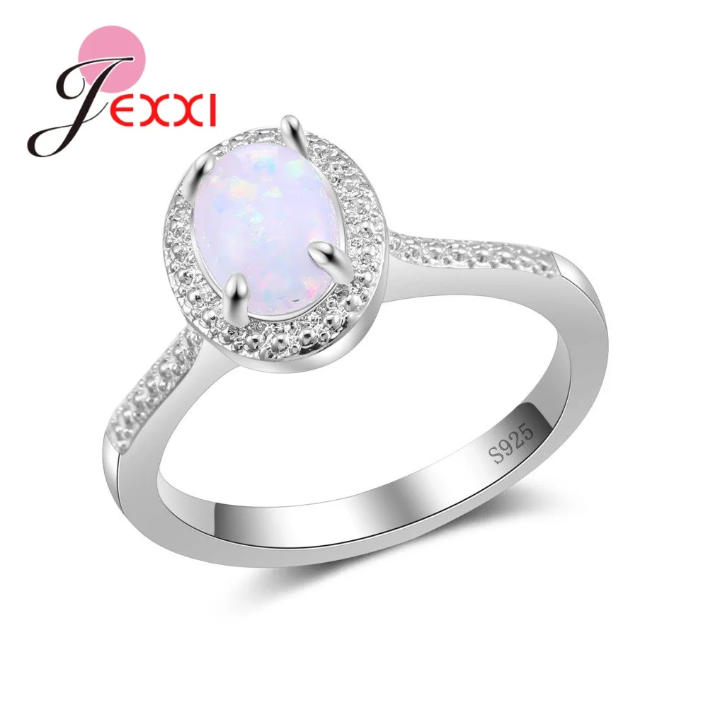 

Genuine 925 Sterling Silver High-End Oval White Fire Opal Inlaid Fashion Women Anniversary Party Band Rings Jewelry Hot