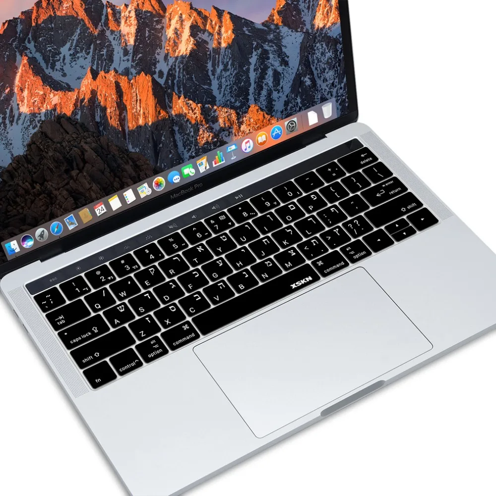 XSKN Иврит Клавиатура чехол для Touchbar ID Macbook 13 15 дюймов A1706 A1707 A1989 A1990, черный цвет, бесплатный подарок Сенсорная панель наклейка