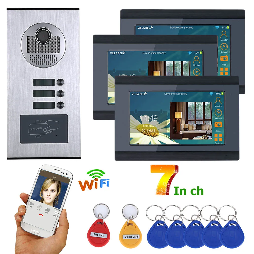 MOUNTAINONE 7 дюймов проводной wi fi 3 квартира/семья телефон видео домофон системы RFID IR-CUT HD 1000TVL камера дверные звонки камера