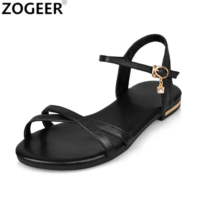 Comfortable Women Summer Sandals Genuine Leather Flip Flops Casual Flats Sandal White Gold Black Ankle Strap Beach Shoes Girls