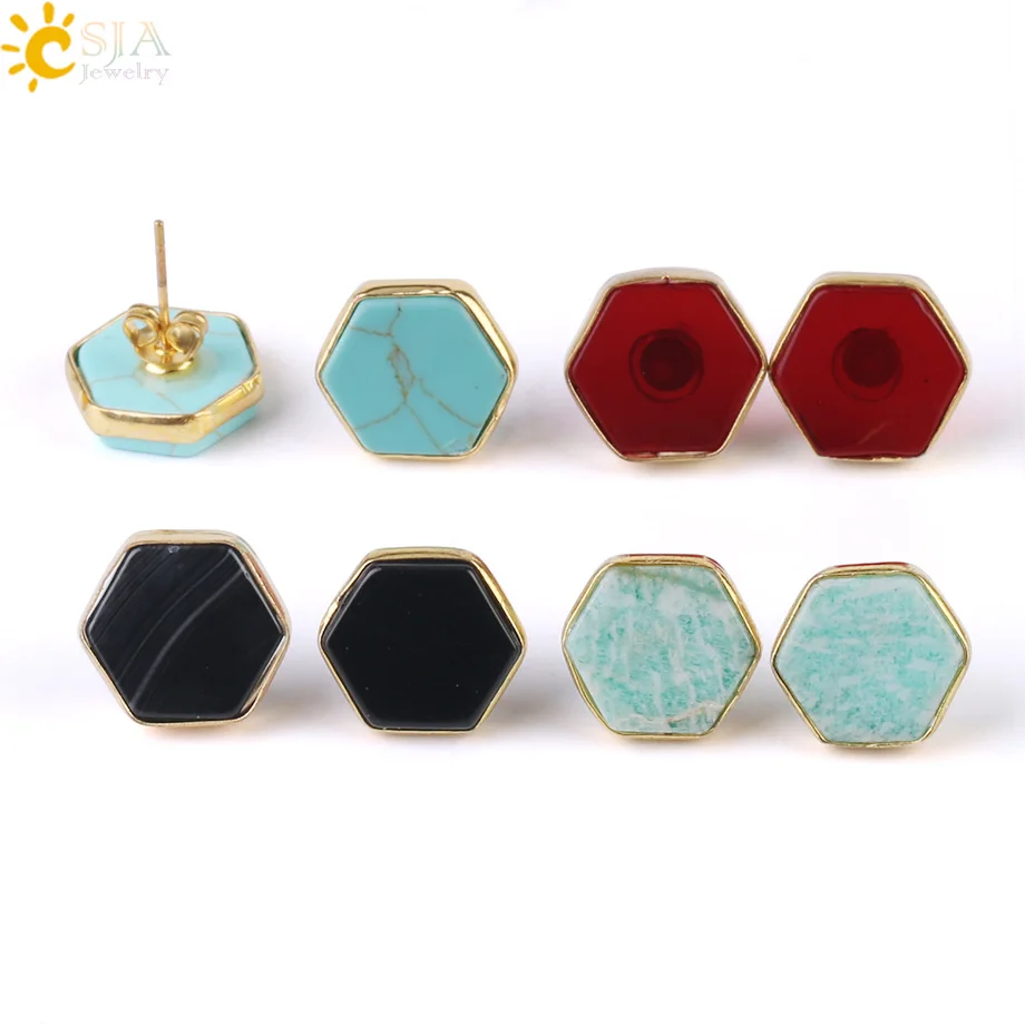 

CSJA Vintage Hexagon Stud Earrings Geometric Gold Color Copper Glass Stone Simple Fashion Ear Jewelry for Women Girls Party G032