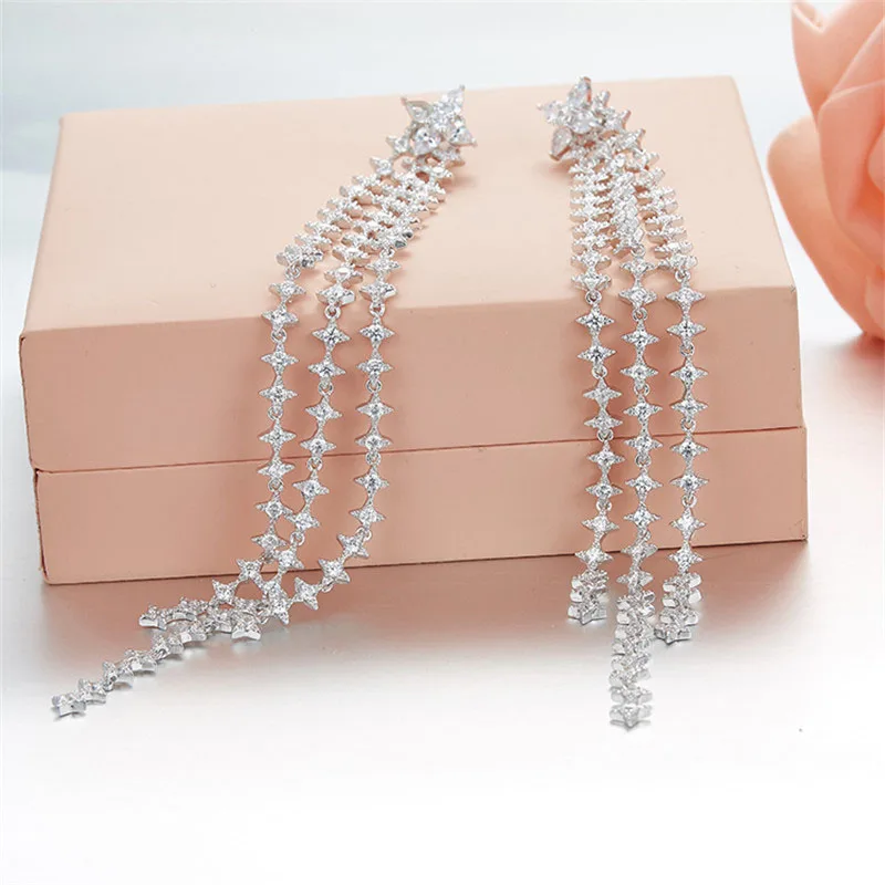 

SLJELY Monaco Designer 925 Sterling Silver Cubic Zirconia Star Tassel Long Earrings Women Fashion Wedding Party Brand Jewelry
