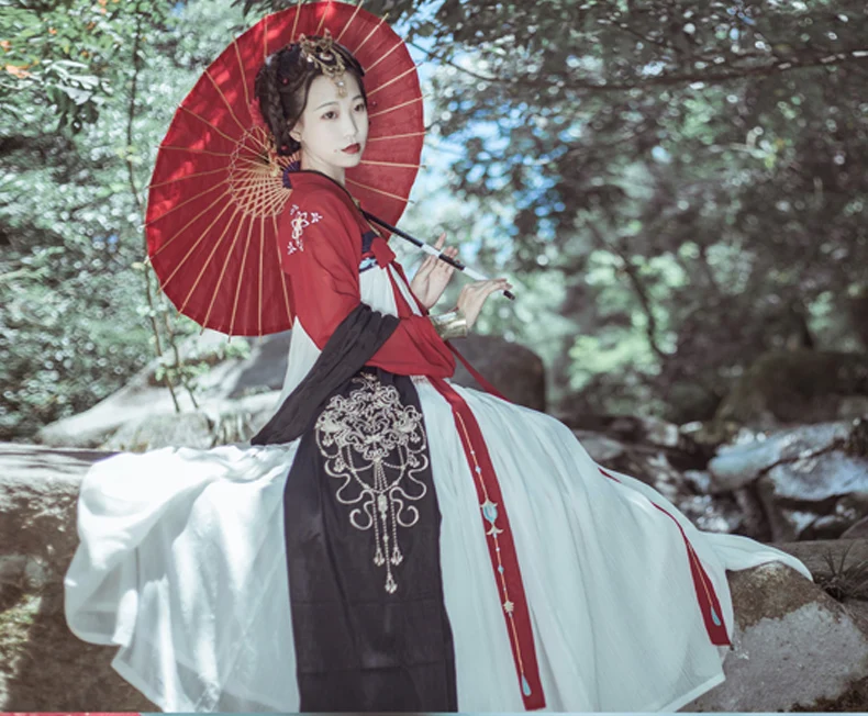 Hanfu платье женщины/дамы элегантный красный Hanfu одежда китайские традиционные костюмы древний Китай Народная танцевальная юбка DQL349