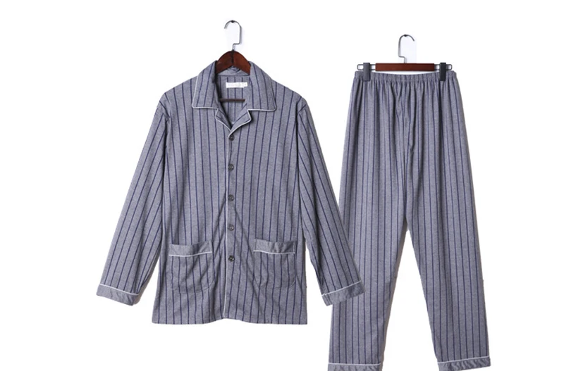 Полосатые хлопковые мужские пижамы с длинным рукавом, весенние синие мужские ночные трусы, пижамные комплекты, корейские пижамы
