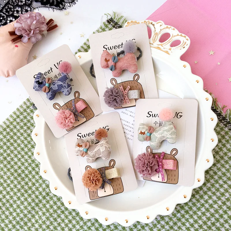 

2pcs korean Handmade Lace Cartoon Dog Flower ball Hairbands Hairpins Children Girl Kids Head wear Sets Accessories-SWKHWS008C5