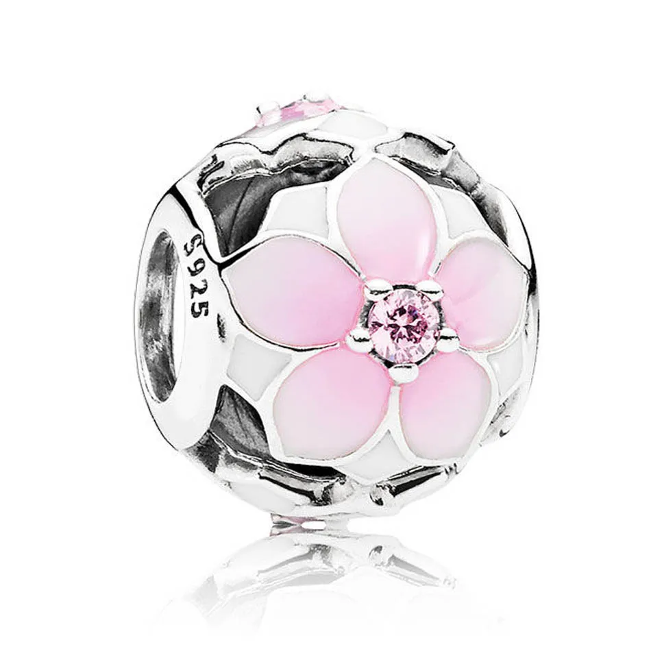

Authentic S925 Sterling Silver DIY Jewelry Magnolia Bloom Charms fit Lady Bracelet Bangle Blush Pink Crystal Mixed Enamel