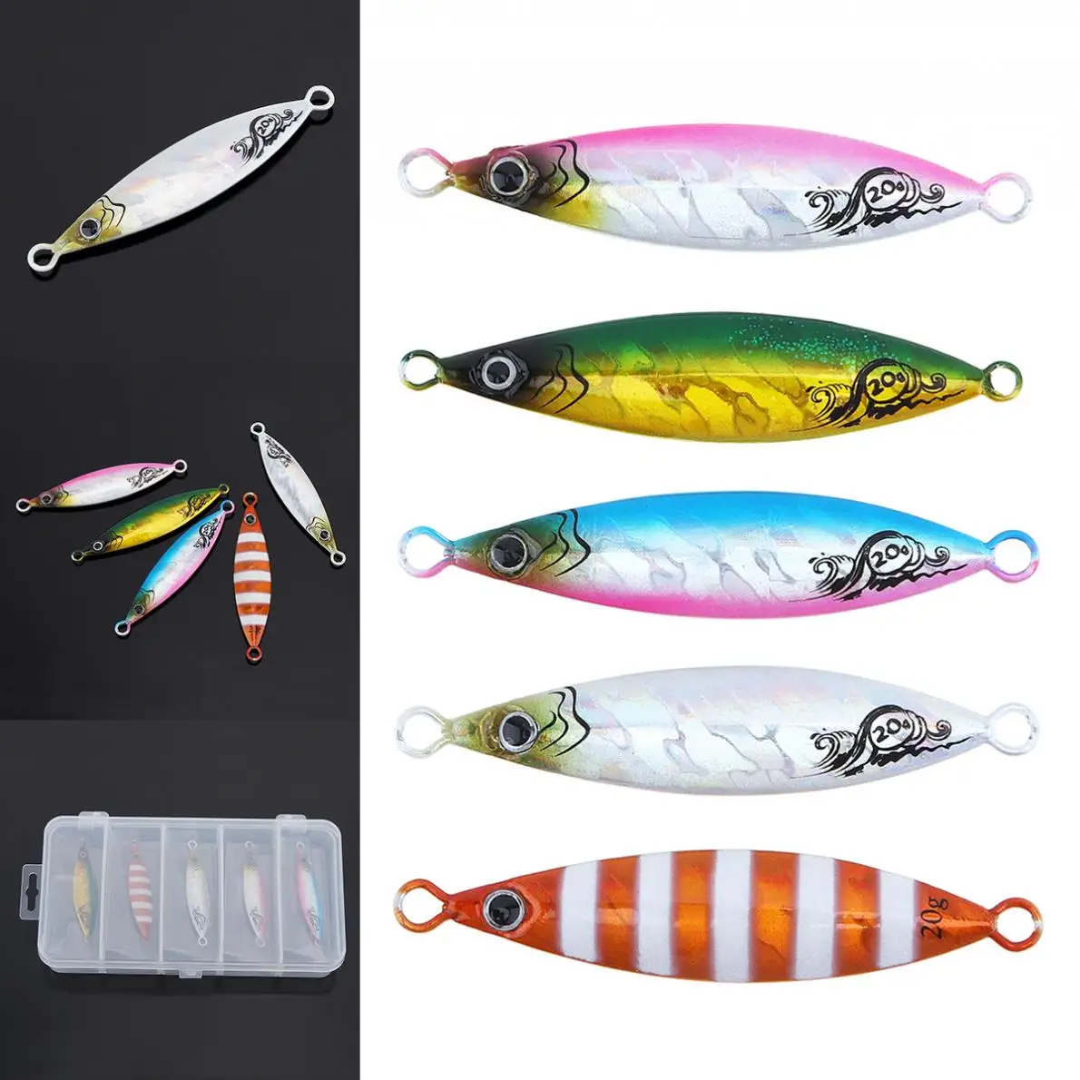 

5pcs 7cm 20g Slow Shake Metal Jigging Fishing Spoon Iron Plate Long Shot 5 Color Laser Luminous Lead Baits with Box
