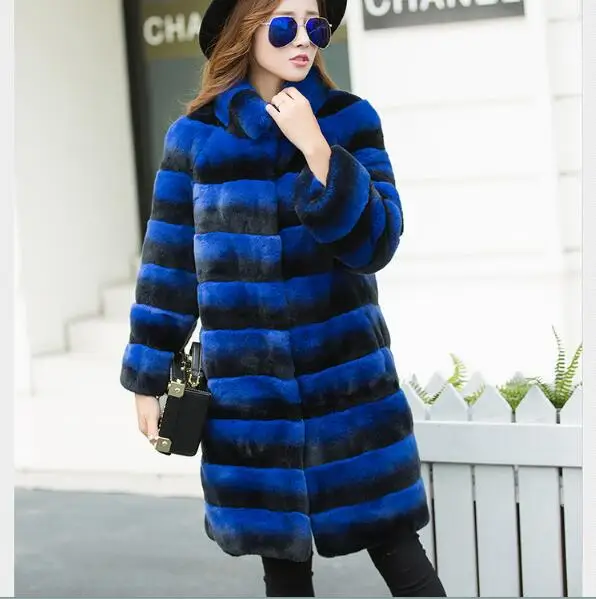 Женский Настоящий мех кролика пальто стоячий воротник натуральный мех зимняя куртка длинный стиль Chinchill натуральный мех пальто - Цвет: Blue Color Longer
