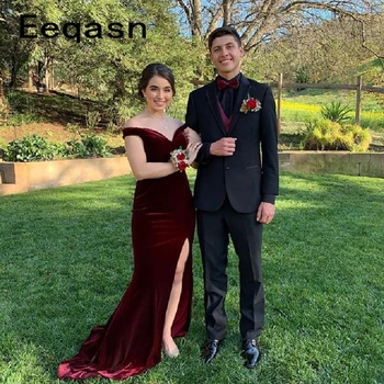 

Long Burgundy Prom Dresses 2020 Gorgeous Mermaid V Neck Side Split Open Back African Velvet Women Prom Dress vestido gala