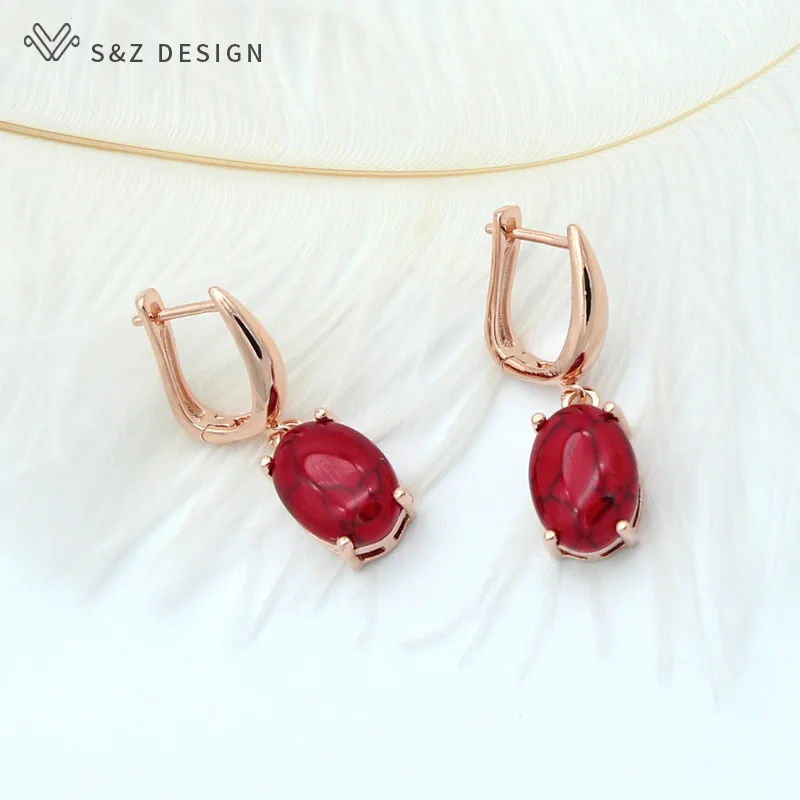S&Z DESIGN New Classic Oval Egg Shape Synthetic Turquoises Dangle Earrings For Women Vintage 585 Rose Gold Color Trendy Jewelry