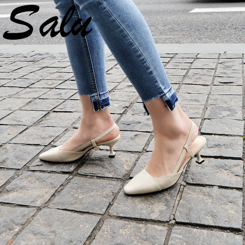

salu High Heels Sandals Woman Basic Model Genuine Leather Casual Size 35-40 Sandals Women Pointed Toe Free Shipping