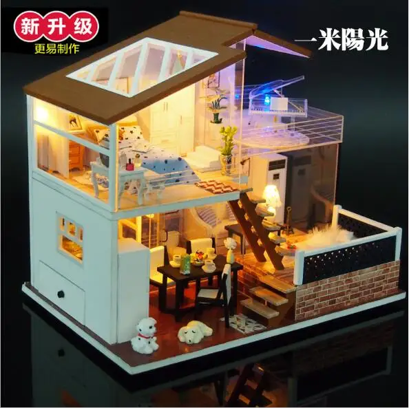 DIY Doll House Wooden 3D Doll Houses Miniature villa dollhouse Furniture Kit Toys for children--One meter sunshine