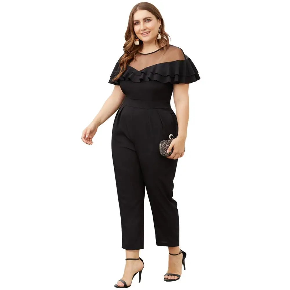 Mesh Patchwork Double Flounce Short Sleeves Collect Waist Jumpsuit Mesh Patchwork Double Flounce Short Sleeves Collect Waist Jumpsuit