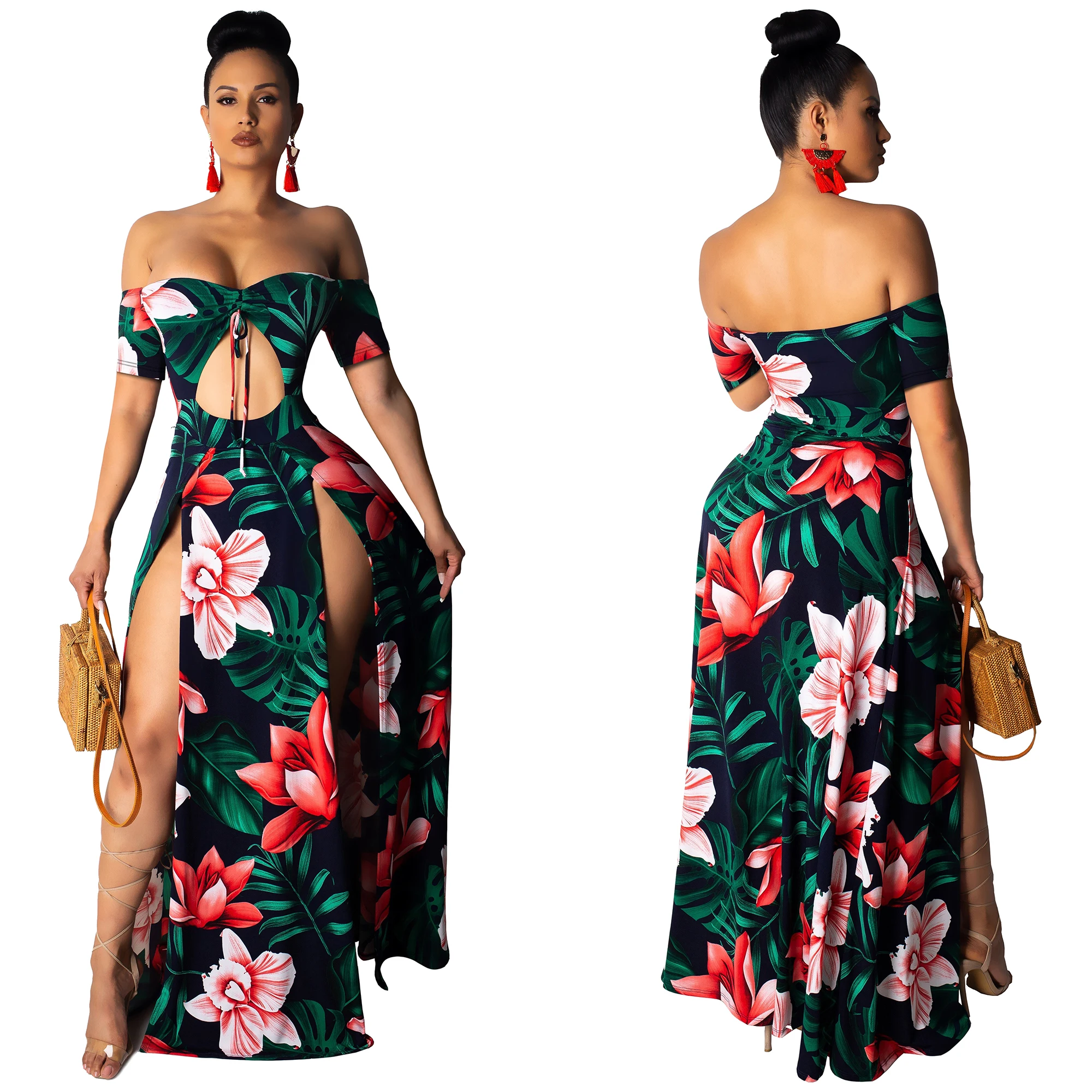 Fashion Women Summer Boho Floral Long Maxi Split Party Beach Dress Sundress - Цвет: Лаванда