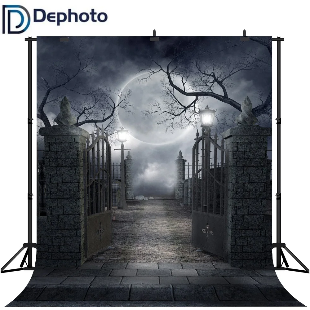 

Dephoto Seamless Halloween Dark Night Party Photography Backdrops Smokey Black Mist Foggy Iron Gate Spooky Photo Backgrounds