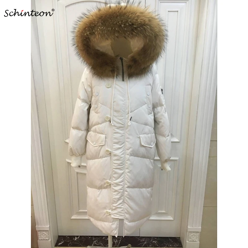 

2018 Unisex Warm Duck Down Jacket with 100% Real Big Raccoon Fur Hood Loose Winter Outwear Garment