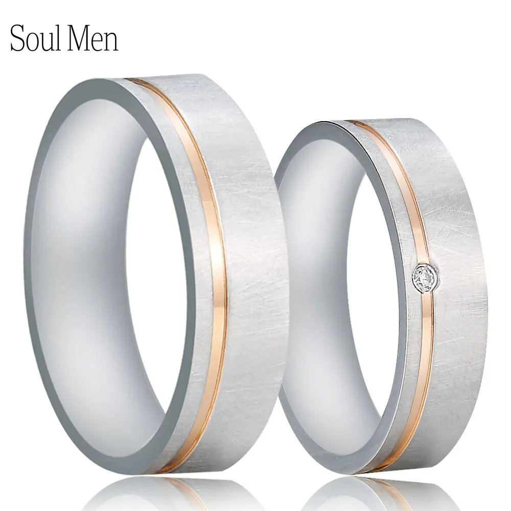 6mm Silver Elegant Wedding Rings for Women Men CZ Stone Alliance Anniversary Band Bijoux Mass Brushed Rose Gold Stripe Finish