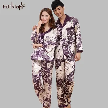 

High quality new couples pajamas set plus size long sleeve print pijamas lounge sleepwear set silk pyjamas women M-3XL A607