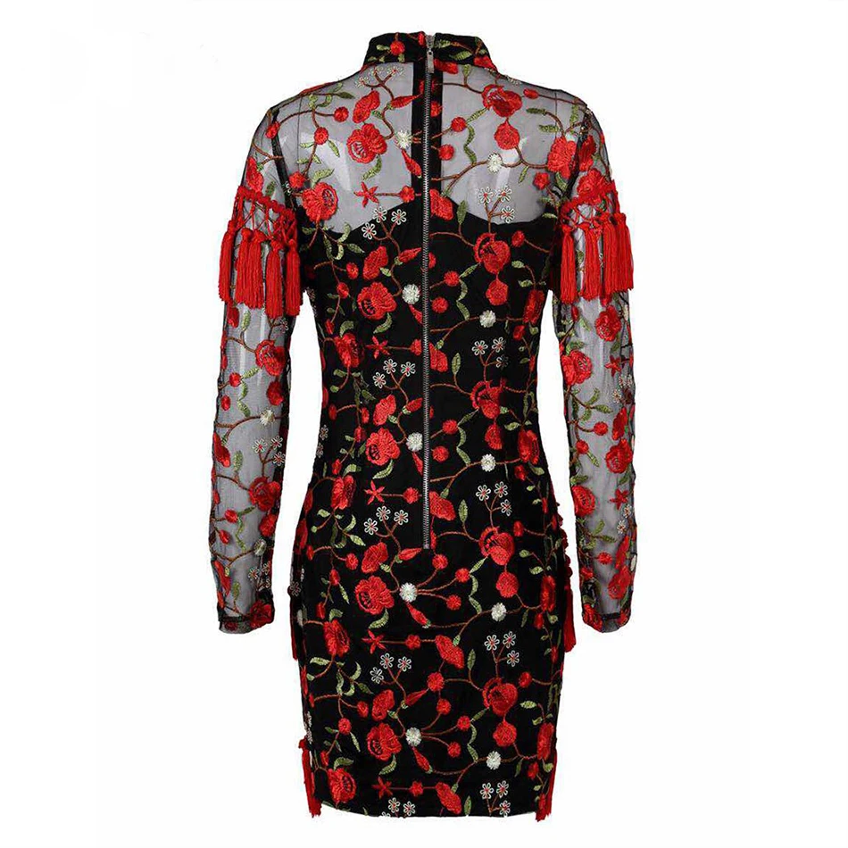 Новое модное женское платье красное мини-платье с круглым вырезом и длинными рукавами элегантное Сетчатое платье с цветочной вышивкой и кисточками облегающее платье