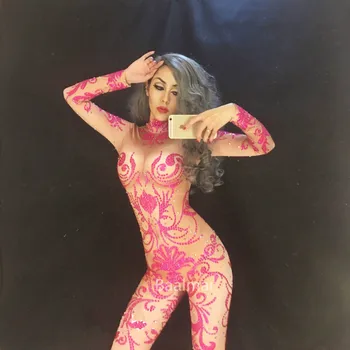 

Rose Red Glisten Rhinestones Jumpsuit Dance Costume Bling Diamonds Sexy Bodysuit Nightclub Rompers Womens Singer Wear Baalmar DJ