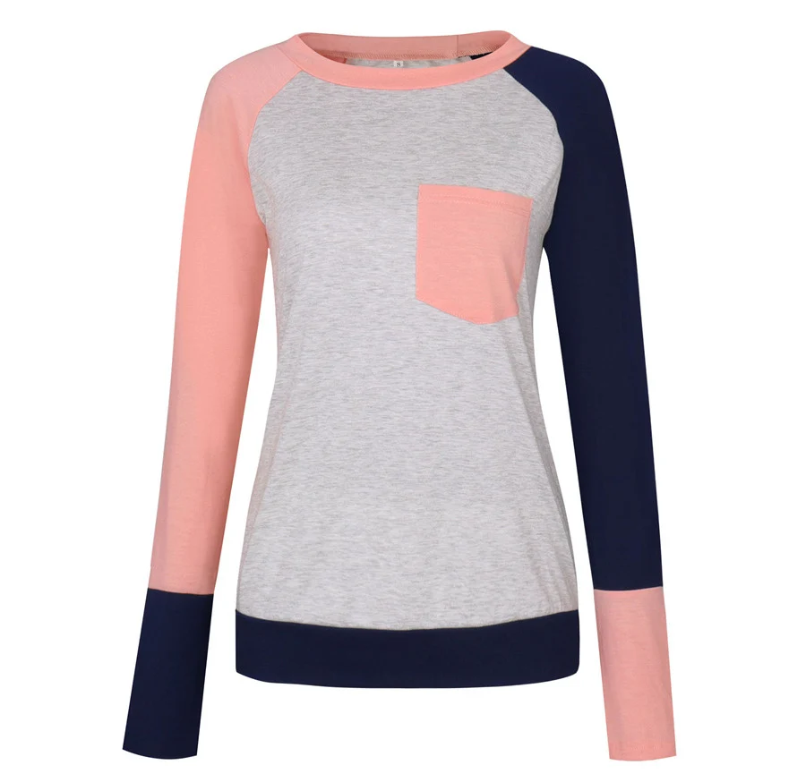 Gladiolus Hot Fashion Patchwork T Shirt Women 2018 Long Sleeve O-Neck Pocket Style Women Tops T-shirt Autumn Ladies Tee Shirts  (20)
