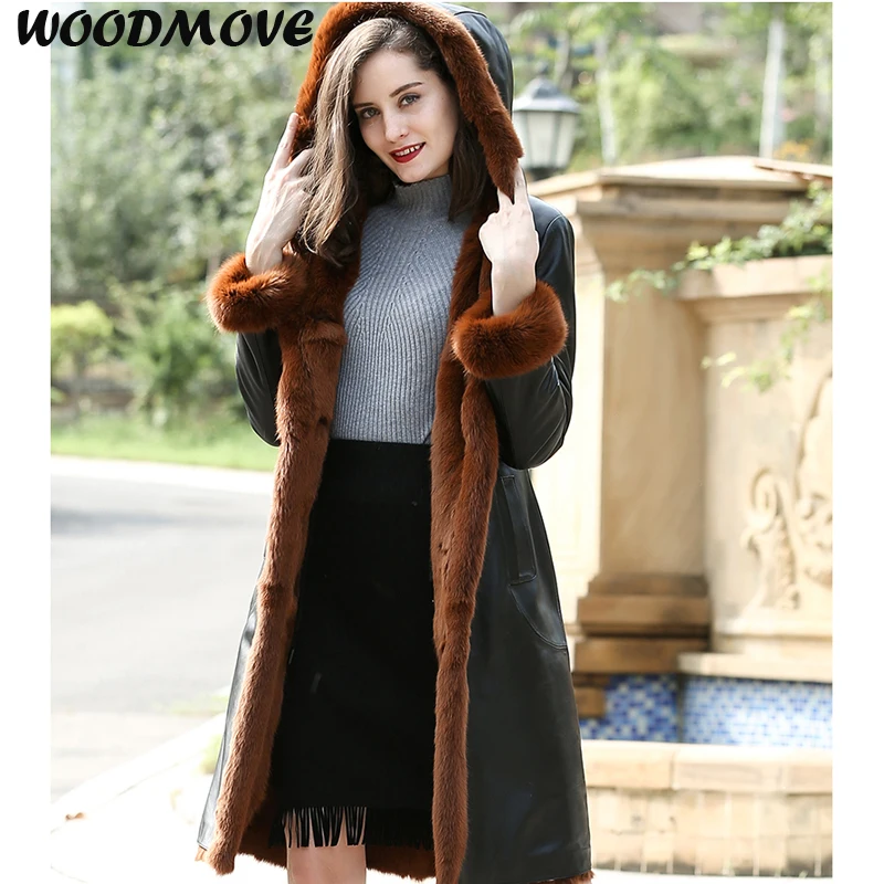 

Women's Lambskin Real Leather Coat Women's Black Long Winter Hooded Real Shearling Sheepskin Leather Coat