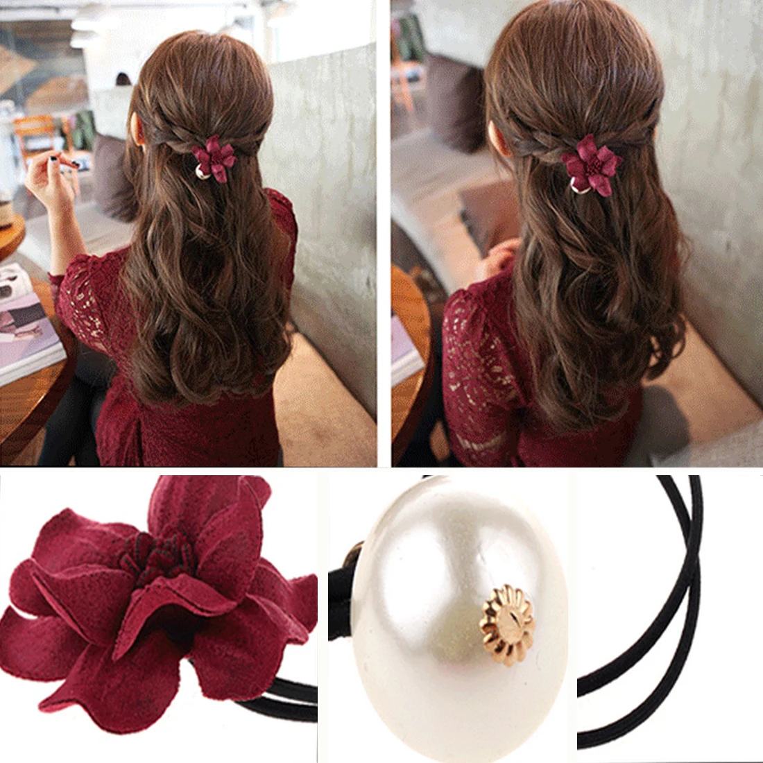 

Women Girls Lovely Elastic Hair Band Fabric Flowers Pearl Scrunchy Gum For Hair Ties Pearl Hair Accessories Ponytail Holders