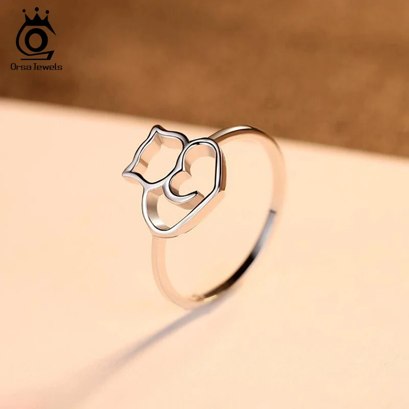 ORSA JEWELS 925 Sterling Silver Women Finger Rings Cute Hollowed Cat Shape Ring Girl Silver Color Female Party Jewelry PSR62