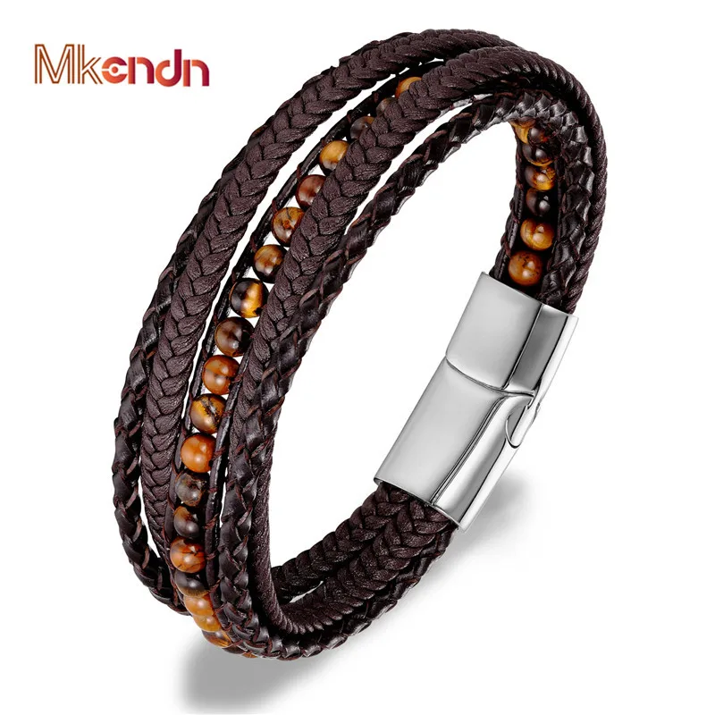 

MKENDN Leather Bracelets 6MM Tiger Eyes Stone Wrap Bracelets Woven Multilayer Boho Bracelet Handmade Jewelry Magnetic Clasp