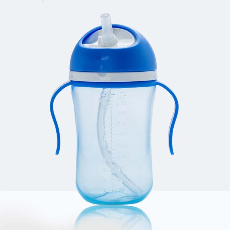 300 мл милая детская чашка с соломинкой, бутылочка для новорожденных, дети учатся для кормления питья, бутылка с ручкой, детская соломенная бутылка для сока воды - Цвет: Синий