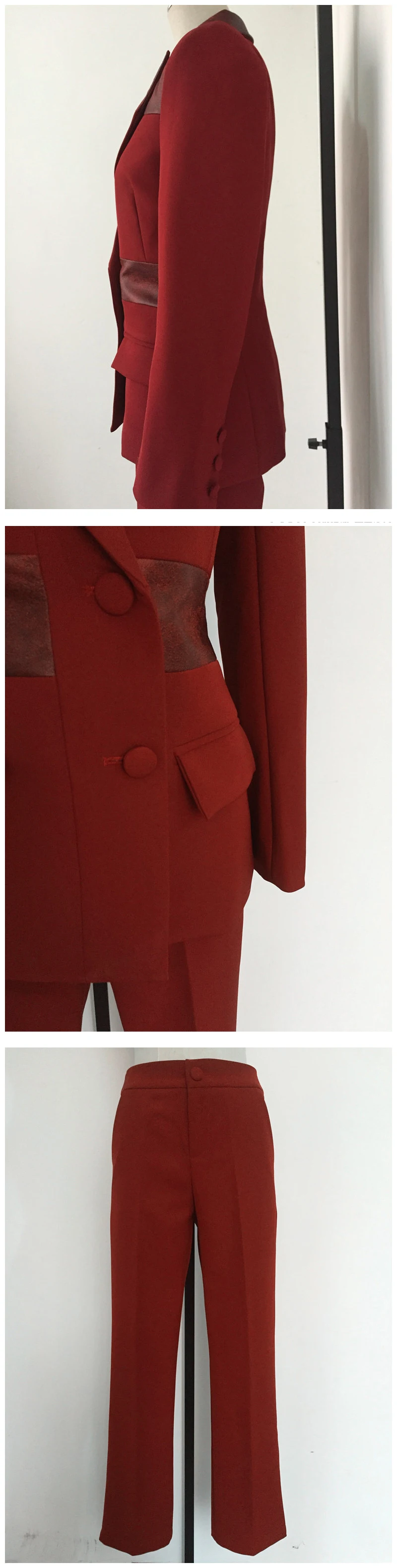 Женский костюм из лоскутов из искусственной кожи винно-красного цвета, комплект с брюками OL, двубортный блейзер с цветным блоком+ брюки длиной до щиколотки Y209