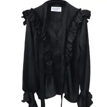 

Elegant ol blouse Swan V-neck Ruffled Sleeve Black Top