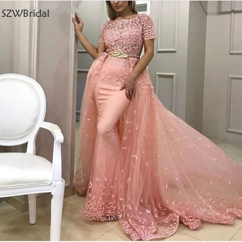 

New Arrival Long Pink Abendkleid Lace Saudi Arabic Evening Dresses 2019 Muslim evening dress robe soiree dubai dress evening