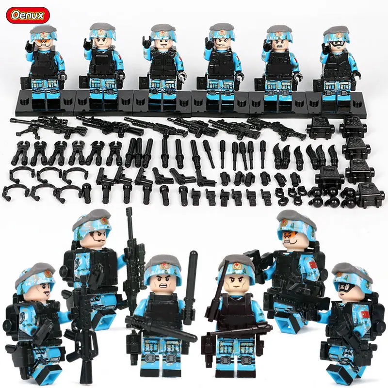 

Oenux 6PCS/SET Chinese Armed Forces Military Building Block Brick Modern Navy Army Soldiers With Weapons Model MOC Brick Boy Toy
