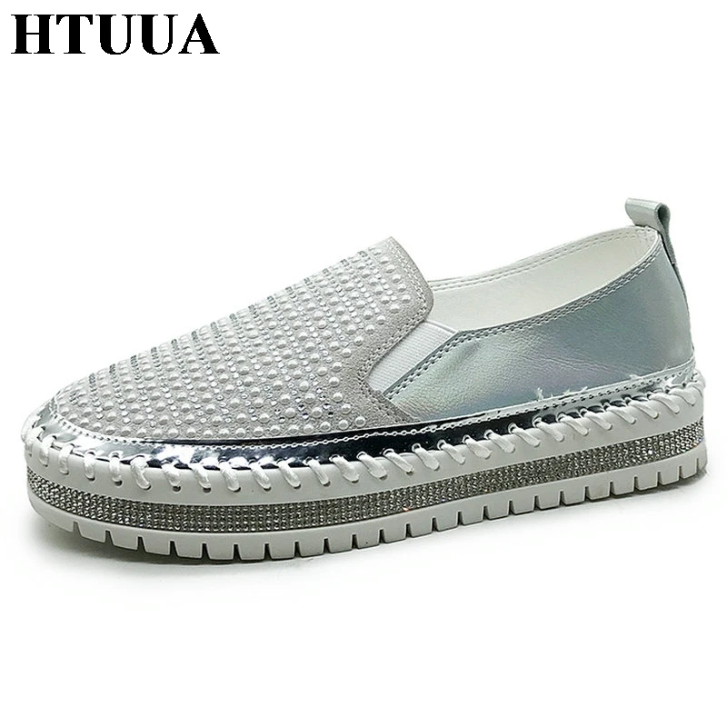 

HTUUA Black Silver White Sneakers Women Flats Shoes Pearl Crystal Creepers Platform Shoes Woman Casual Loafers Moccasins SX3066