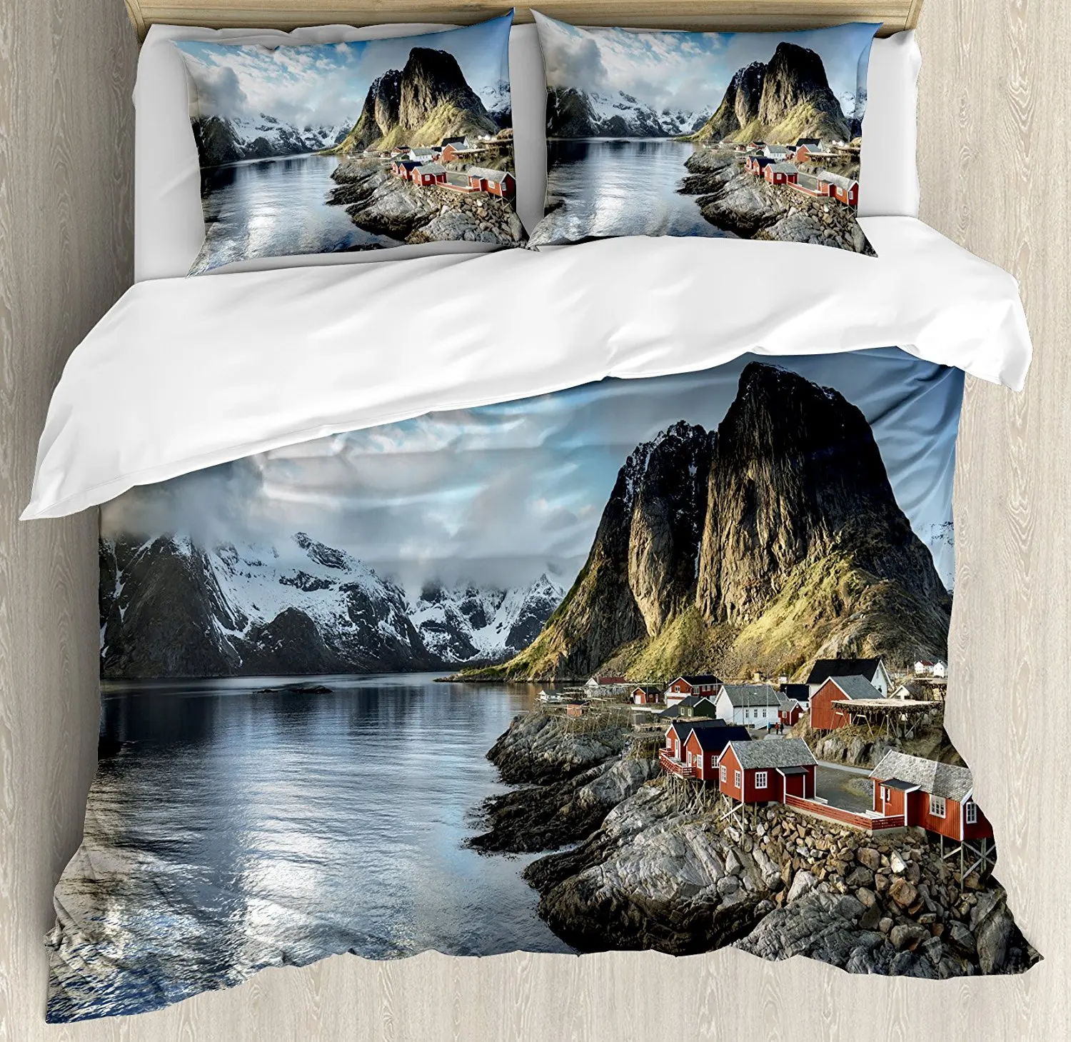 

Ocean Island Decor Duvet Cover Set Fishing Hut Photo in Autumn Rocks and Clouds Scenery Northern Norway Cold 4 Piece Bedding Set